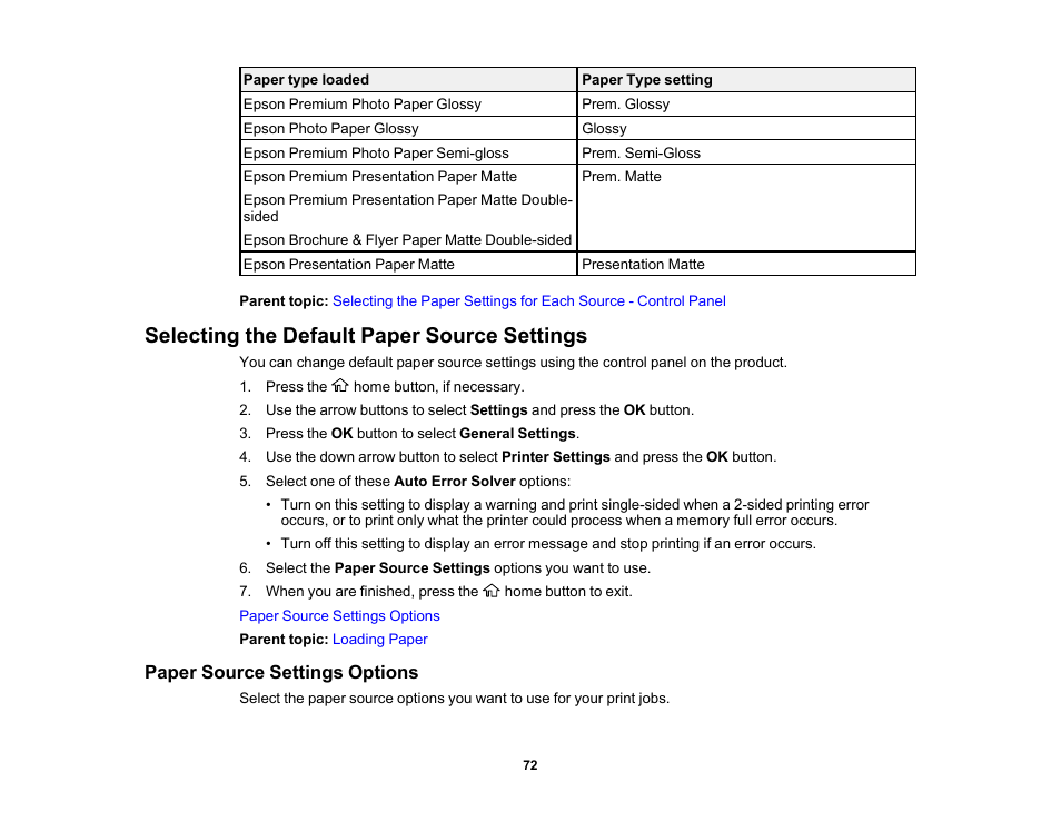 Selecting the default paper source settings, Paper source settings options | Epson Workforce Pro WF-7310 Wireless Printer User Manual | Page 72 / 210