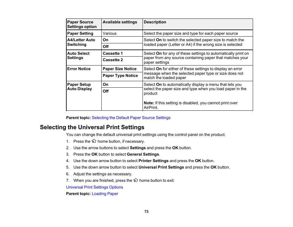 Selecting the universal print settings | Epson Workforce Pro WF-7310 Wireless Printer User Manual | Page 73 / 210