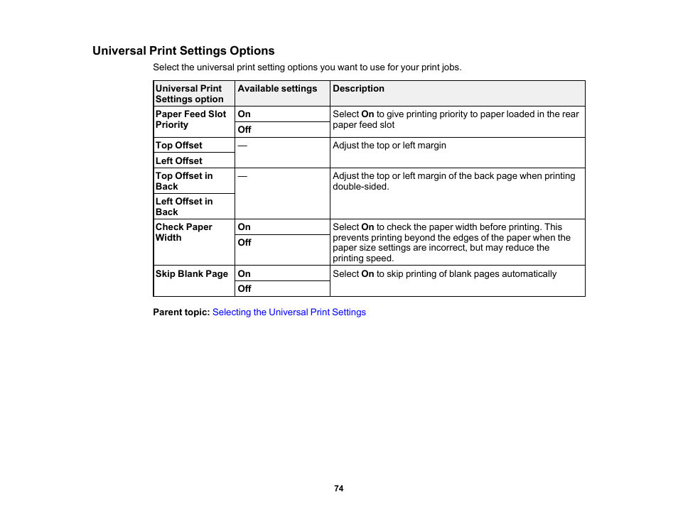 Universal print settings options | Epson Workforce Pro WF-7310 Wireless Printer User Manual | Page 74 / 210