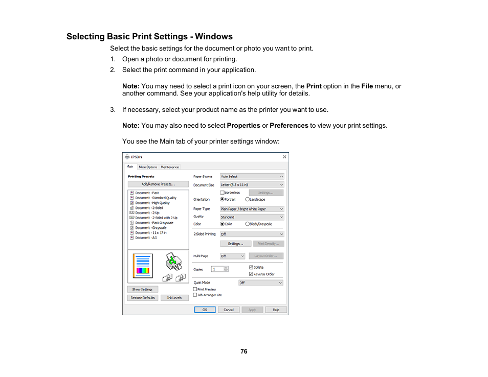 Selecting basic print settings - windows | Epson Workforce Pro WF-7310 Wireless Printer User Manual | Page 76 / 210