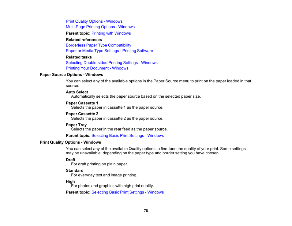 Paper source options - windows, Print quality options - windows | Epson Workforce Pro WF-7310 Wireless Printer User Manual | Page 78 / 210