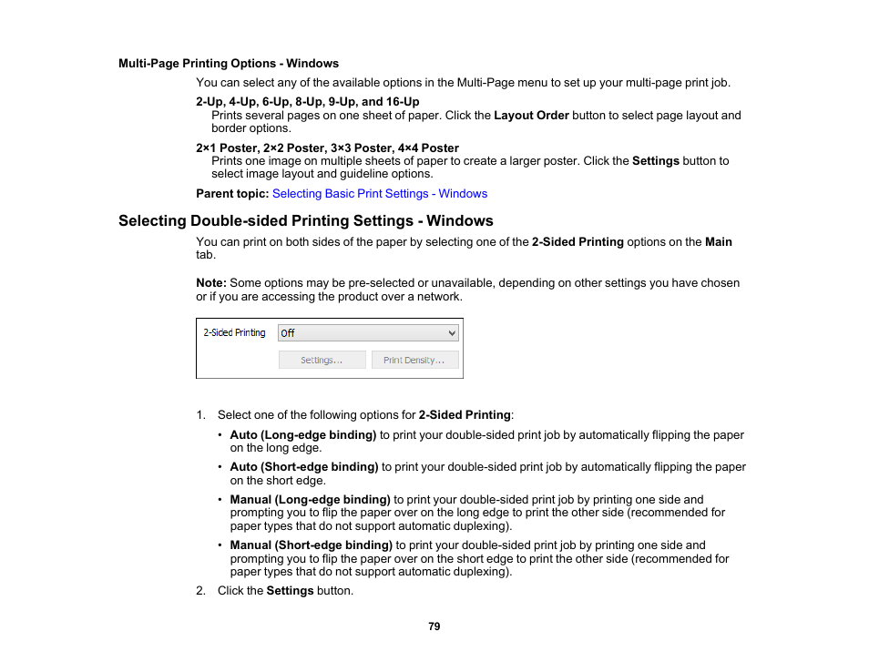 Selecting double-sided printing settings - windows | Epson Workforce Pro WF-7310 Wireless Printer User Manual | Page 79 / 210