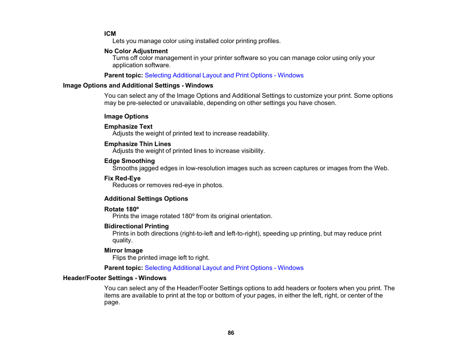 Image options and additional settings - windows, Header/footer settings - windows | Epson Workforce Pro WF-7310 Wireless Printer User Manual | Page 86 / 210