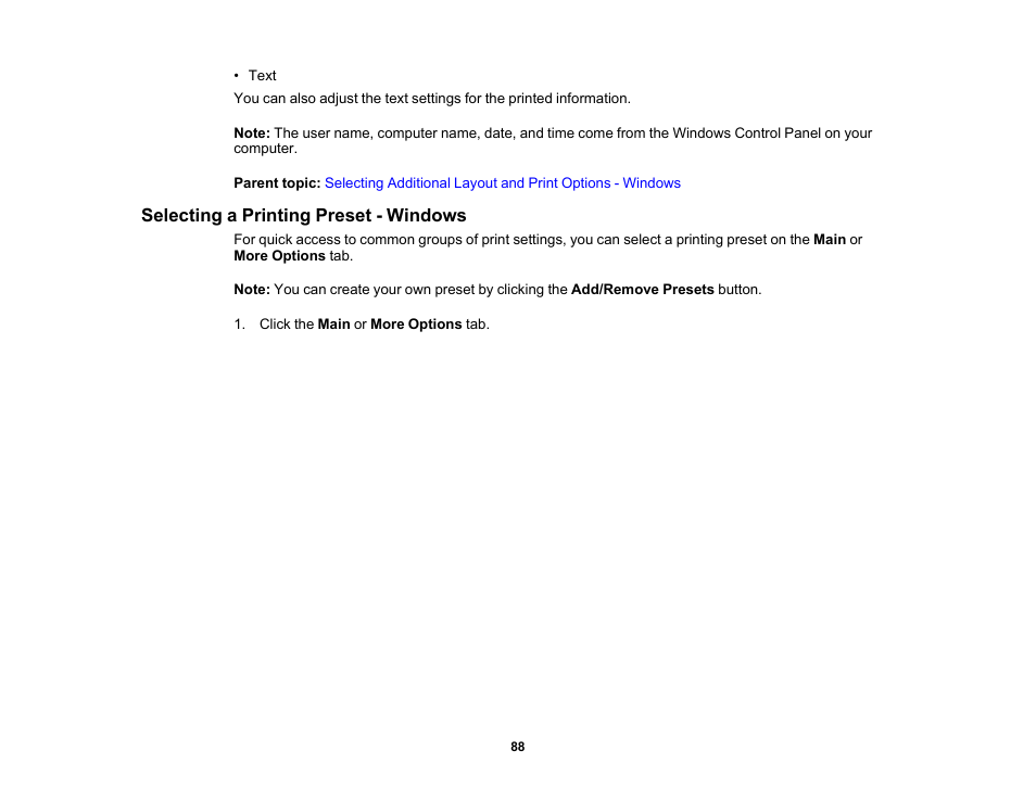 Selecting a printing preset - windows | Epson Workforce Pro WF-7310 Wireless Printer User Manual | Page 88 / 210