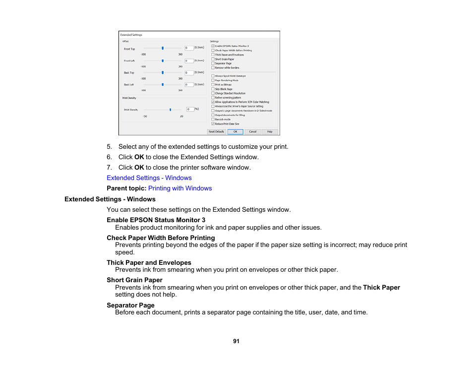 Extended settings - windows | Epson Workforce Pro WF-7310 Wireless Printer User Manual | Page 91 / 210