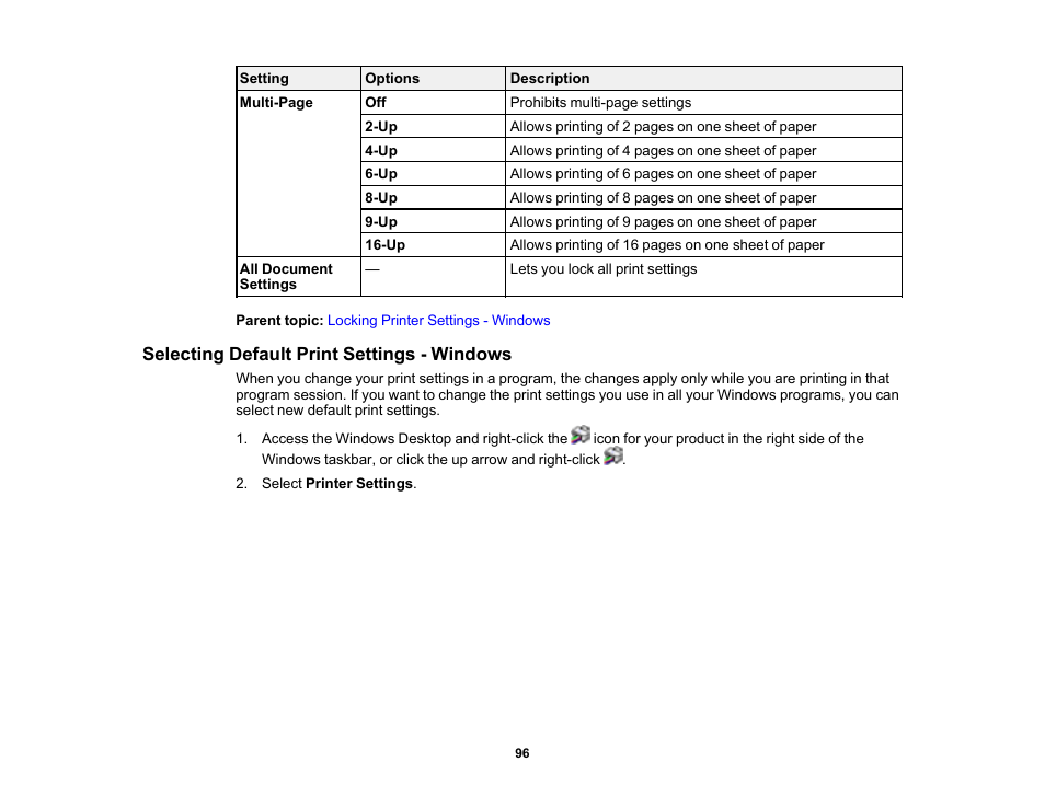 Selecting default print settings - windows | Epson Workforce Pro WF-7310 Wireless Printer User Manual | Page 96 / 210