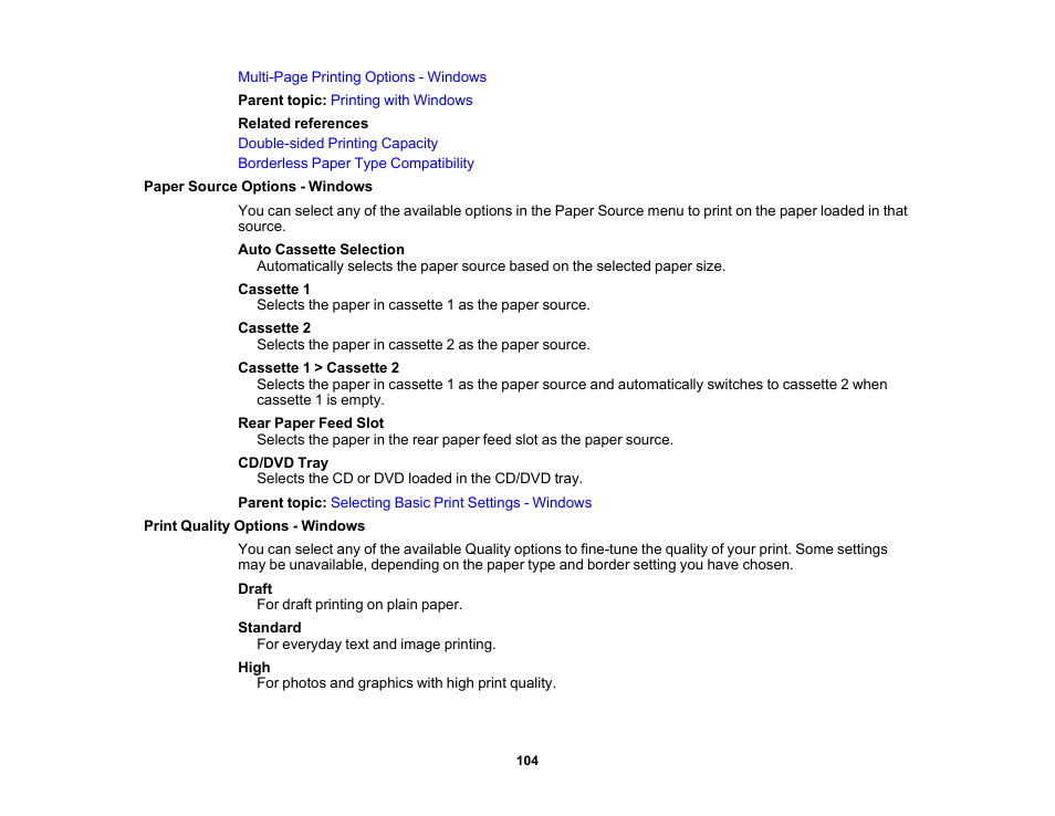 Paper source options - windows, Print quality options - windows | Epson Expression Photo XP-8700 Wireless All-in One Color Printer User Manual | Page 104 / 350