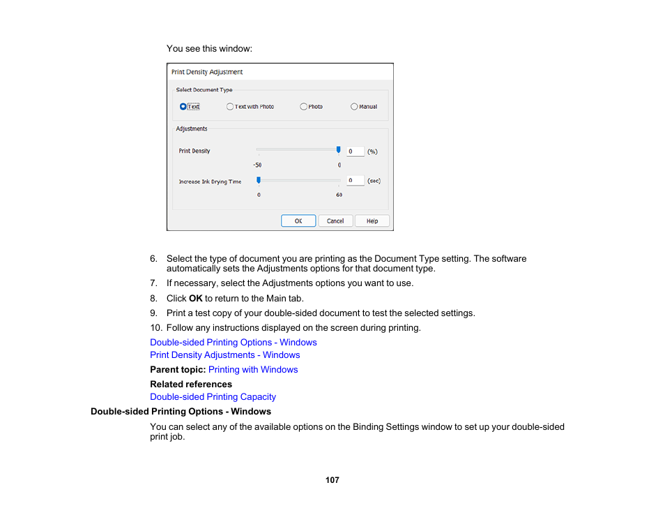 Double-sided printing options - windows | Epson Expression Photo XP-8700 Wireless All-in One Color Printer User Manual | Page 107 / 350