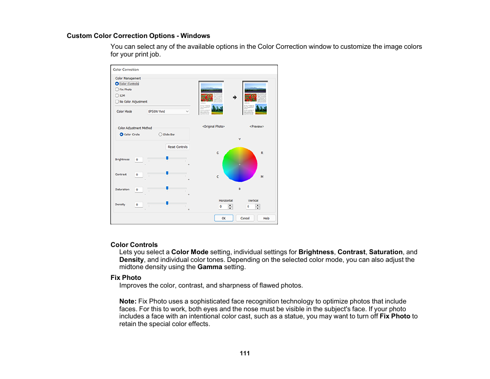 Custom color correction options - windows | Epson Expression Photo XP-8700 Wireless All-in One Color Printer User Manual | Page 111 / 350