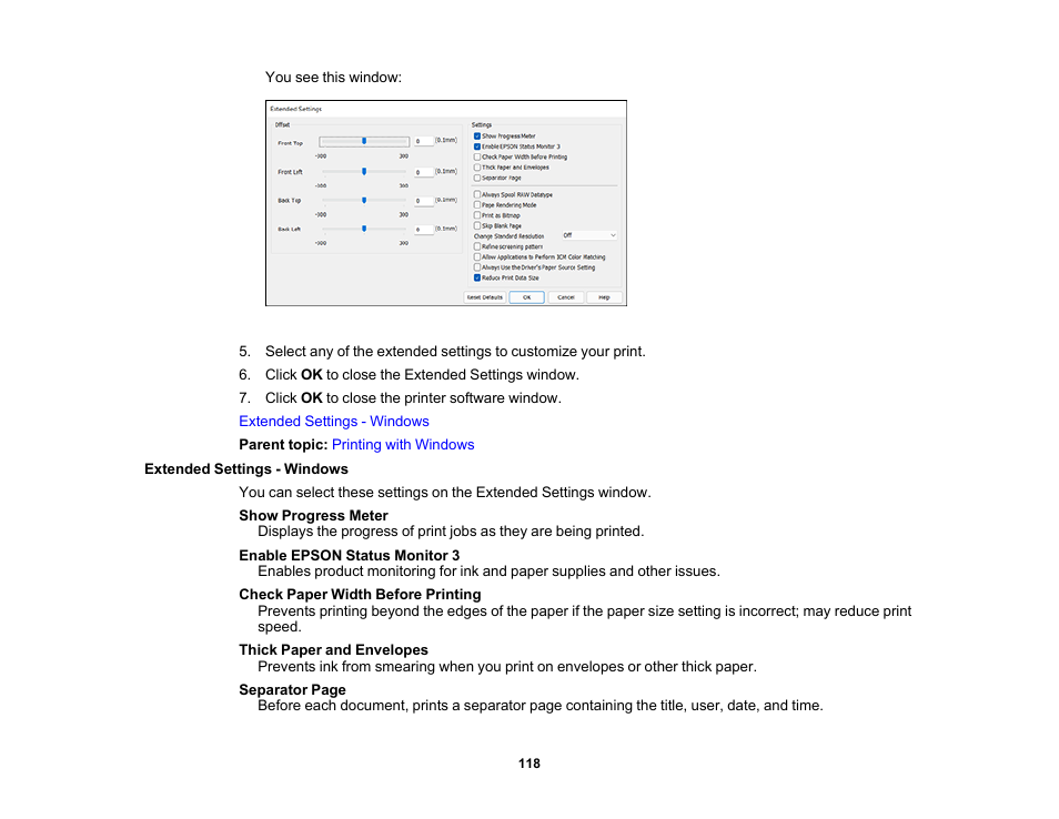 Extended settings - windows | Epson Expression Photo XP-8700 Wireless All-in One Color Printer User Manual | Page 118 / 350