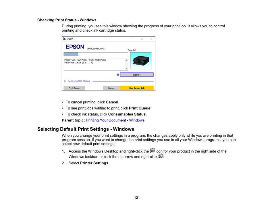 Checking print status - windows, Selecting default print settings - windows | Epson Expression Photo XP-8700 Wireless All-in One Color Printer User Manual | Page 121 / 350