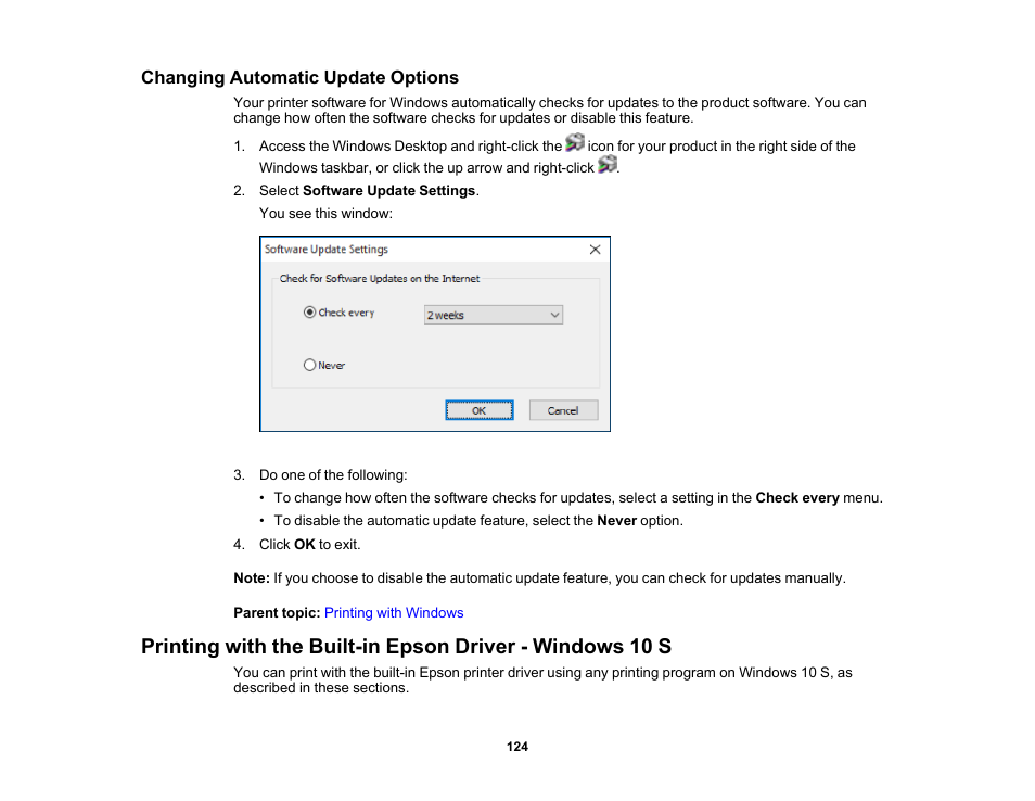 Changing automatic update options | Epson Expression Photo XP-8700 Wireless All-in One Color Printer User Manual | Page 124 / 350