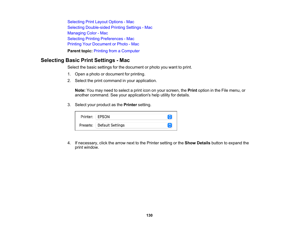 Selecting basic print settings - mac | Epson Expression Photo XP-8700 Wireless All-in One Color Printer User Manual | Page 130 / 350