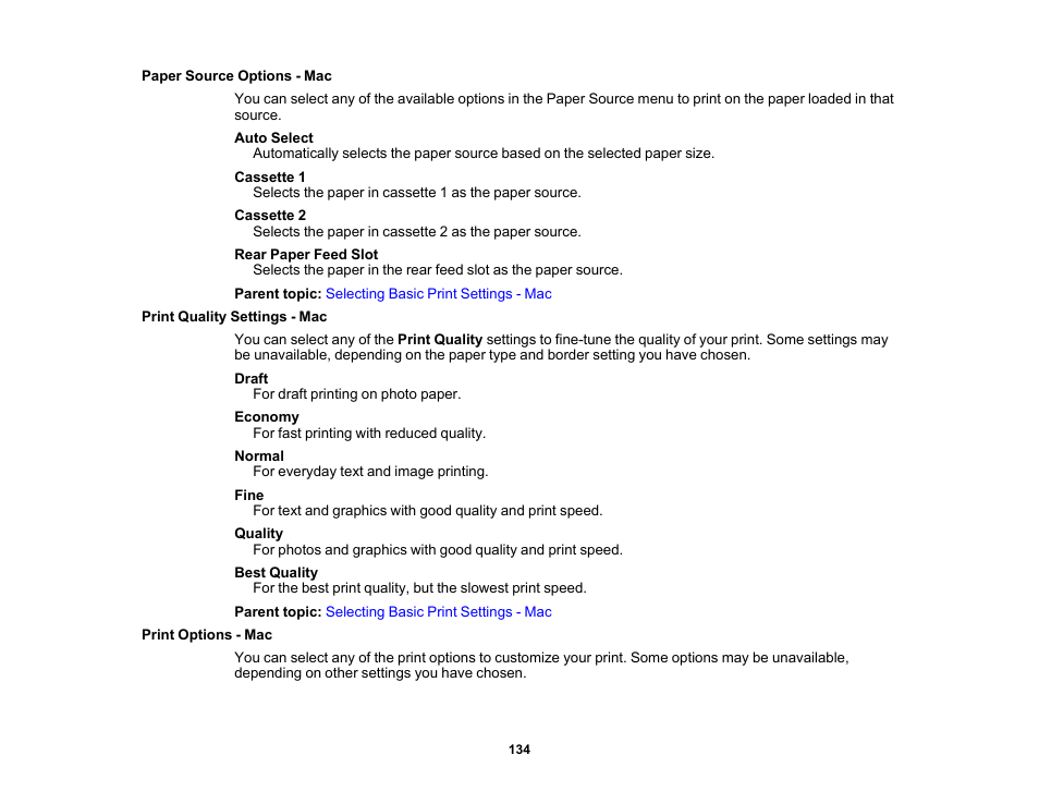 Paper source options - mac, Print quality settings - mac, Print options - mac | Epson Expression Photo XP-8700 Wireless All-in One Color Printer User Manual | Page 134 / 350