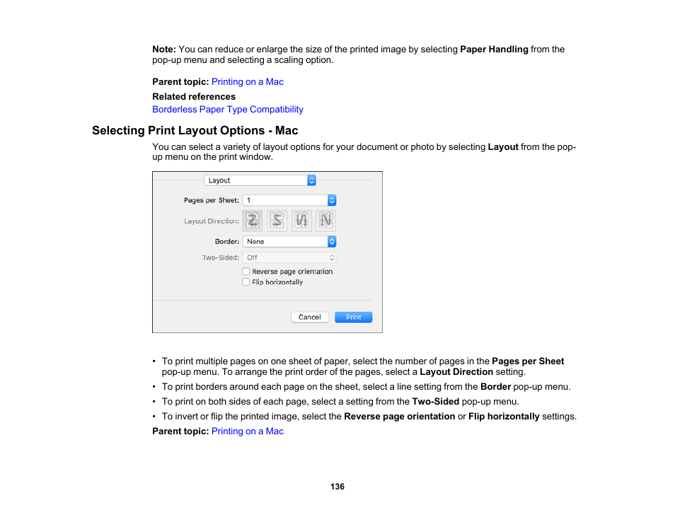 Selecting print layout options - mac | Epson Expression Photo XP-8700 Wireless All-in One Color Printer User Manual | Page 136 / 350