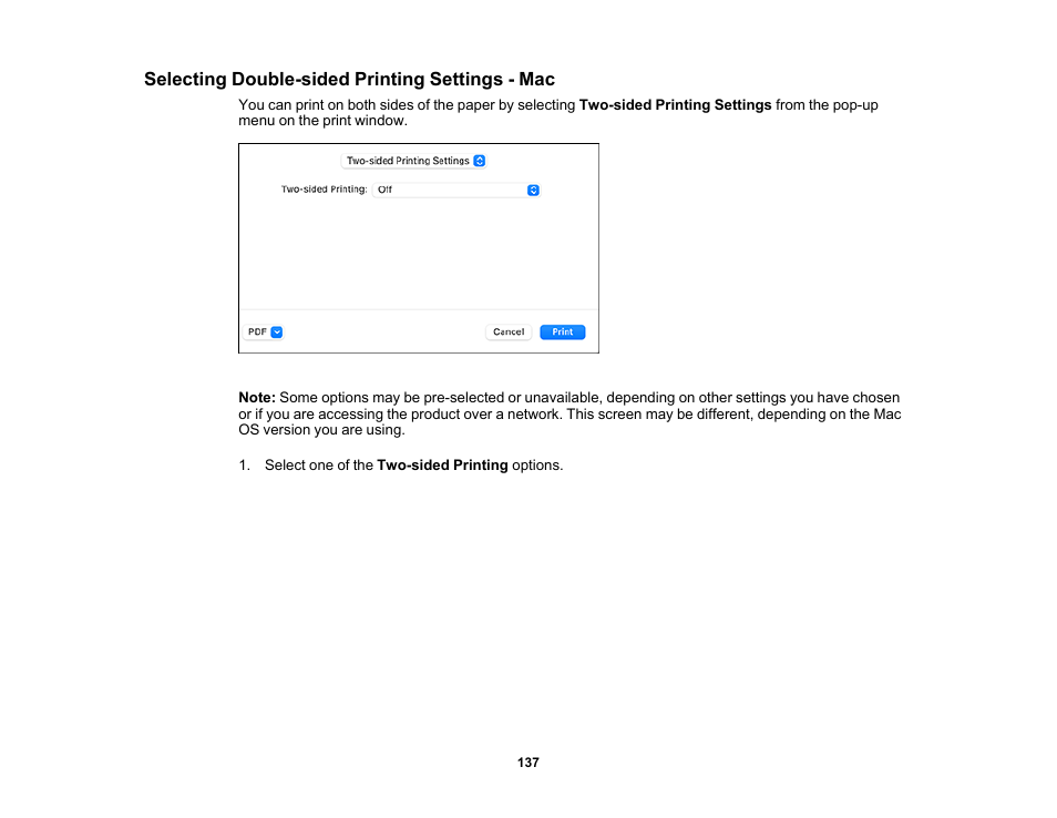 Selecting double-sided printing settings - mac | Epson Expression Photo XP-8700 Wireless All-in One Color Printer User Manual | Page 137 / 350