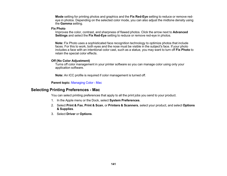 Selecting printing preferences - mac | Epson Expression Photo XP-8700 Wireless All-in One Color Printer User Manual | Page 141 / 350