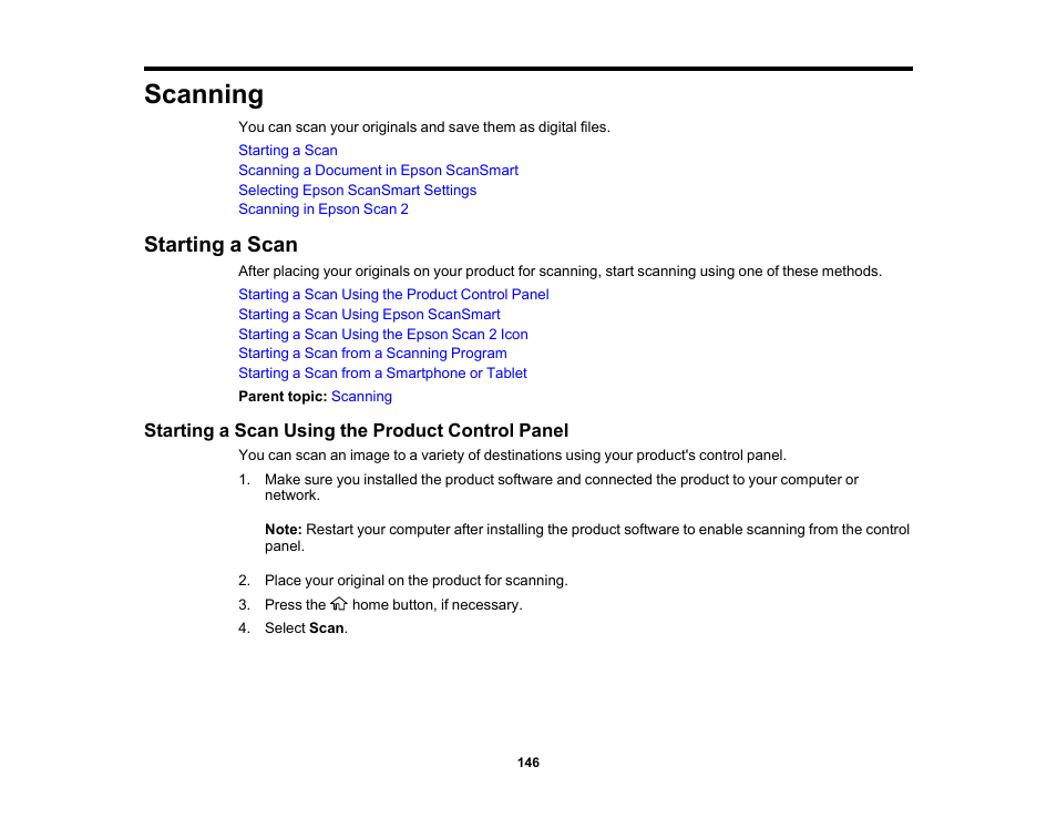 Scanning, Starting a scan, Starting a scan using the product control panel | Epson Expression Photo XP-8700 Wireless All-in One Color Printer User Manual | Page 146 / 350