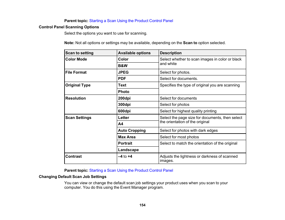 Control panel scanning options, Changing default scan job settings | Epson Expression Photo XP-8700 Wireless All-in One Color Printer User Manual | Page 154 / 350