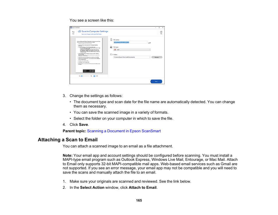 Attaching a scan to email | Epson Expression Photo XP-8700 Wireless All-in One Color Printer User Manual | Page 165 / 350