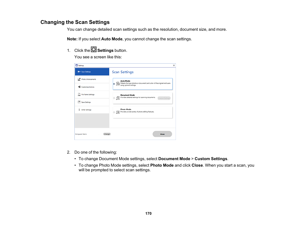 Changing the scan settings | Epson Expression Photo XP-8700 Wireless All-in One Color Printer User Manual | Page 170 / 350