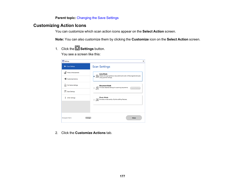 Customizing action icons | Epson Expression Photo XP-8700 Wireless All-in One Color Printer User Manual | Page 177 / 350