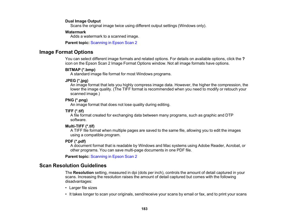 Image format options, Scan resolution guidelines, Image format options scan resolution guidelines | Epson Expression Photo XP-8700 Wireless All-in One Color Printer User Manual | Page 183 / 350