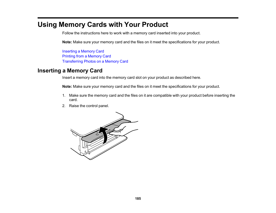 Using memory cards with your product, Inserting a memory card | Epson Expression Photo XP-8700 Wireless All-in One Color Printer User Manual | Page 185 / 350