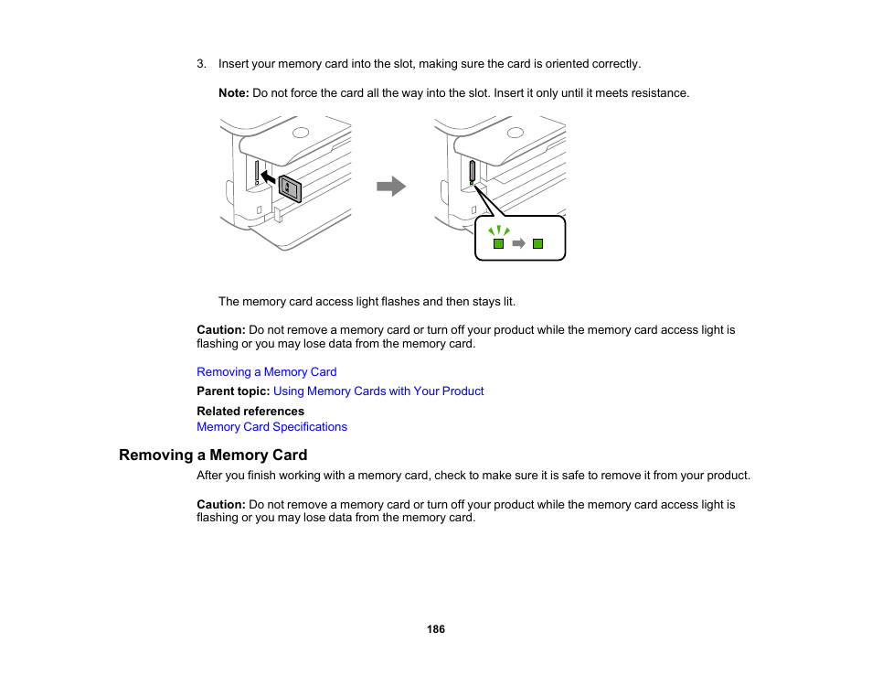 Removing a memory card | Epson Expression Photo XP-8700 Wireless All-in One Color Printer User Manual | Page 186 / 350