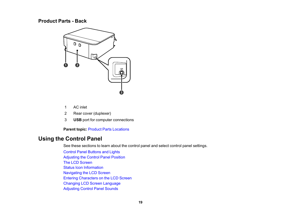 Product parts - back, Using the control panel | Epson Expression Photo XP-8700 Wireless All-in One Color Printer User Manual | Page 19 / 350