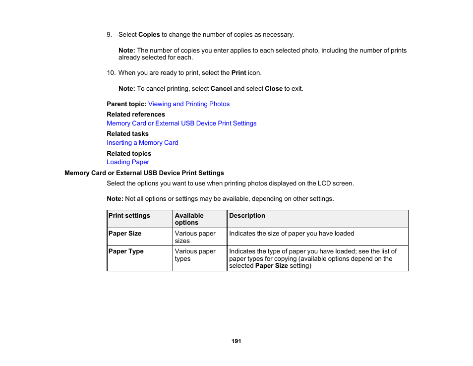 Memory card or external usb device print settings | Epson Expression Photo XP-8700 Wireless All-in One Color Printer User Manual | Page 191 / 350