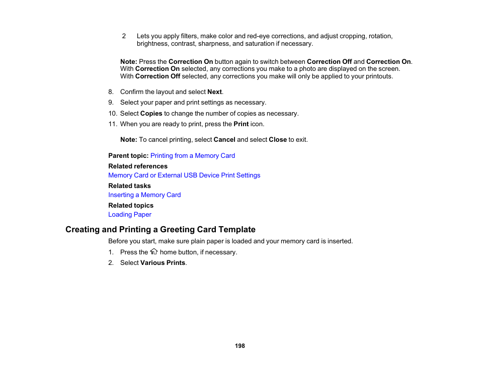 Creating and printing a greeting card template | Epson Expression Photo XP-8700 Wireless All-in One Color Printer User Manual | Page 198 / 350