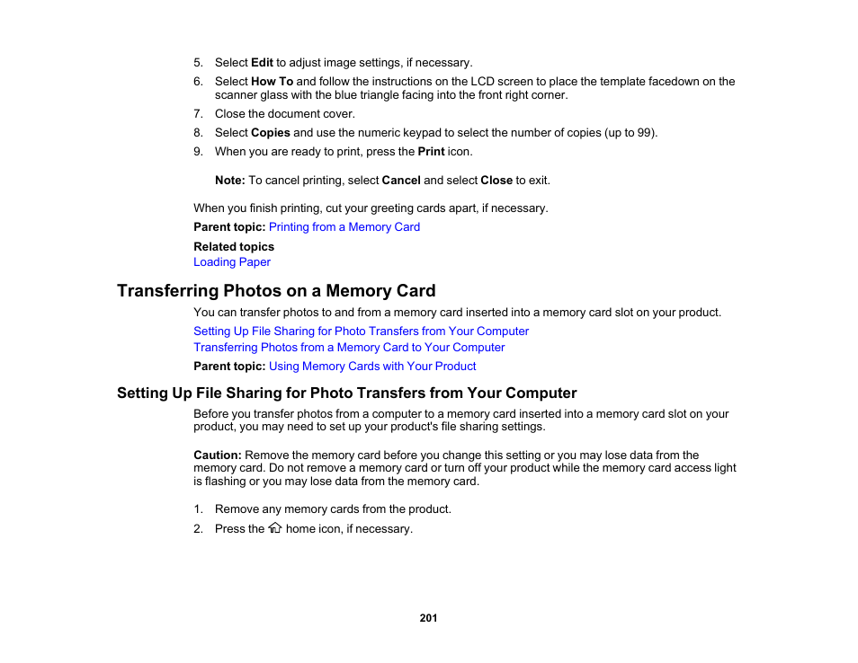 Transferring photos on a memory card | Epson Expression Photo XP-8700 Wireless All-in One Color Printer User Manual | Page 201 / 350
