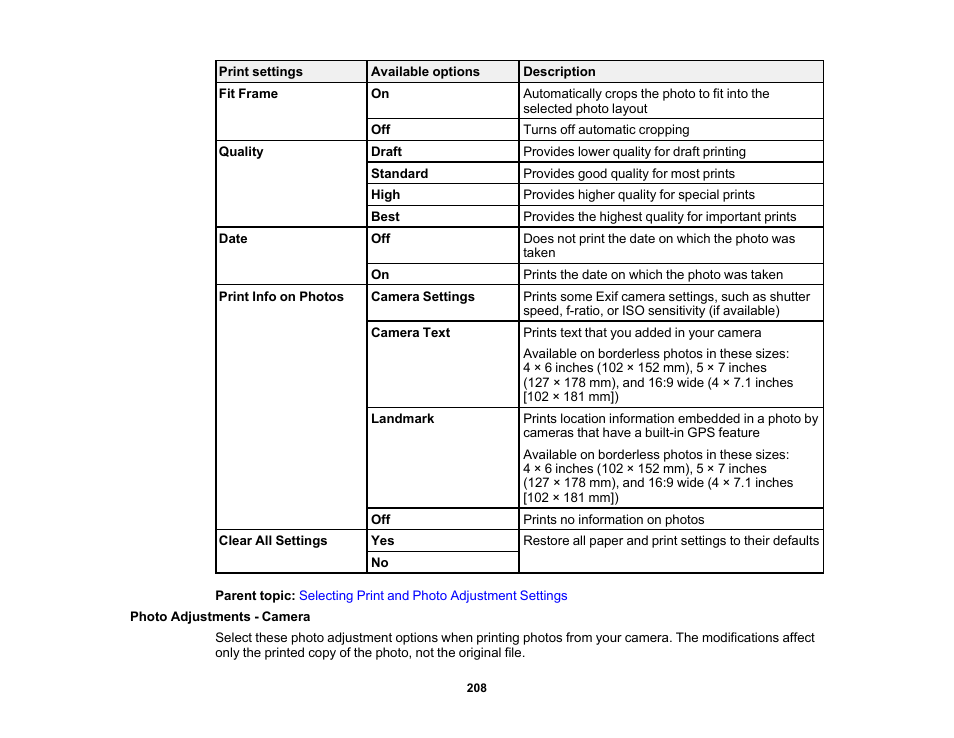 Photo adjustments - camera | Epson Expression Photo XP-8700 Wireless All-in One Color Printer User Manual | Page 208 / 350