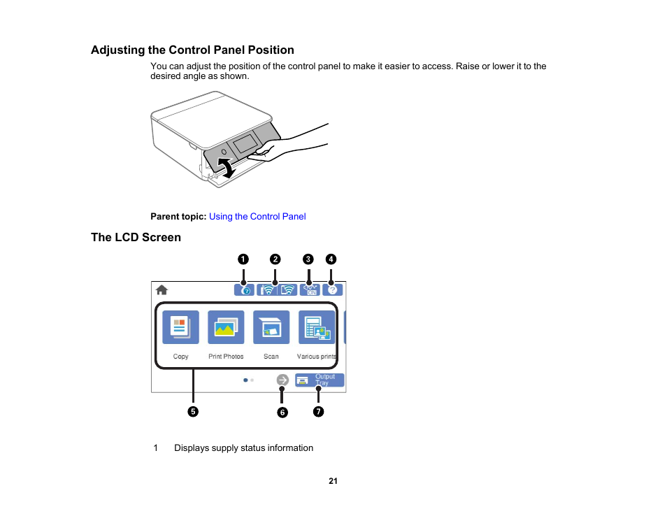 Adjusting the control panel position, The lcd screen | Epson Expression Photo XP-8700 Wireless All-in One Color Printer User Manual | Page 21 / 350