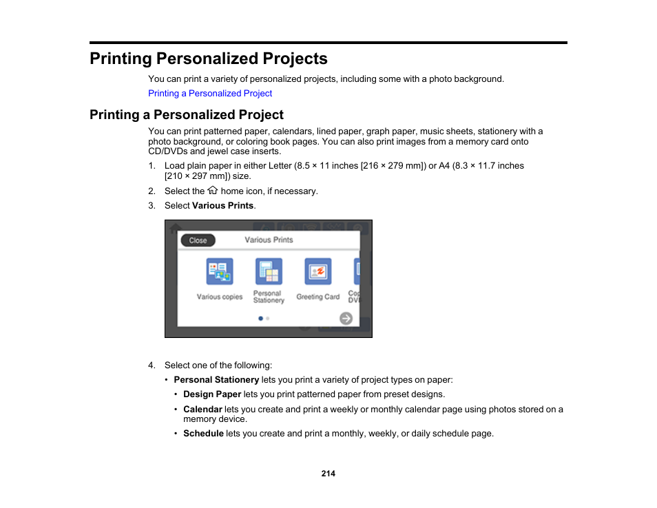 Printing personalized projects, Printing a personalized project | Epson Expression Photo XP-8700 Wireless All-in One Color Printer User Manual | Page 214 / 350