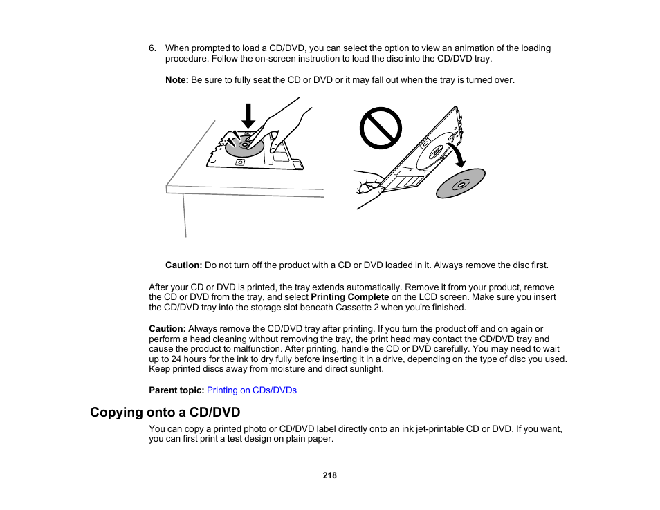 Copying onto a cd/dvd | Epson Expression Photo XP-8700 Wireless All-in One Color Printer User Manual | Page 218 / 350