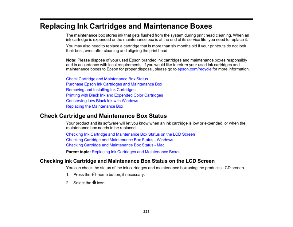 Replacing ink cartridges and maintenance boxes, Check cartridge and maintenance box status | Epson Expression Photo XP-8700 Wireless All-in One Color Printer User Manual | Page 221 / 350