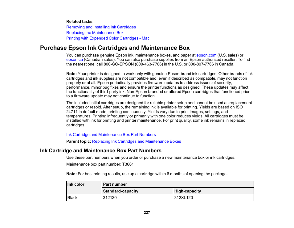 Purchase epson ink cartridges and maintenance box, Ink cartridge and maintenance box part numbers | Epson Expression Photo XP-8700 Wireless All-in One Color Printer User Manual | Page 227 / 350