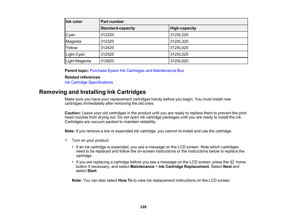 Removing and installing ink cartridges | Epson Expression Photo XP-8700 Wireless All-in One Color Printer User Manual | Page 228 / 350