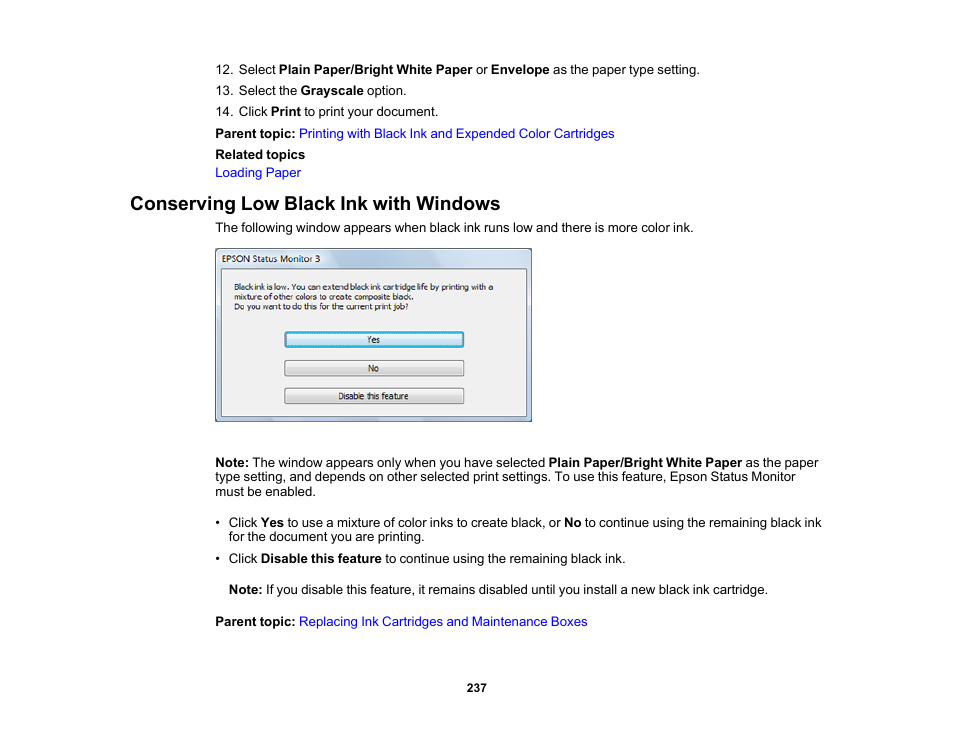 Conserving low black ink with windows | Epson Expression Photo XP-8700 Wireless All-in One Color Printer User Manual | Page 237 / 350