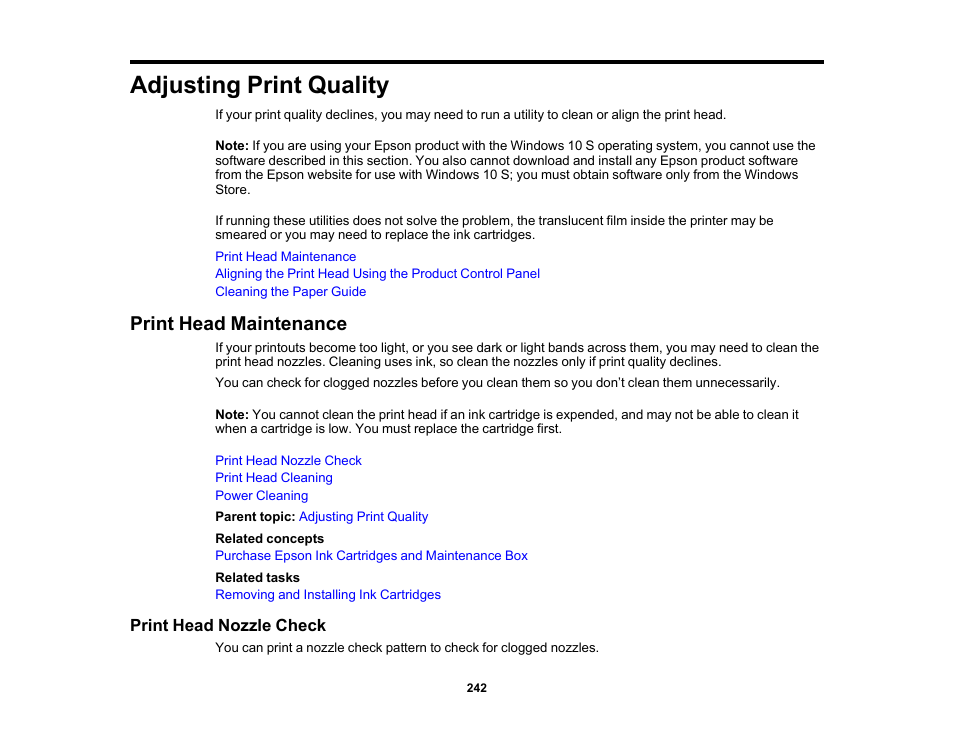 Adjusting print quality, Print head maintenance, Print head nozzle check | Epson Expression Photo XP-8700 Wireless All-in One Color Printer User Manual | Page 242 / 350