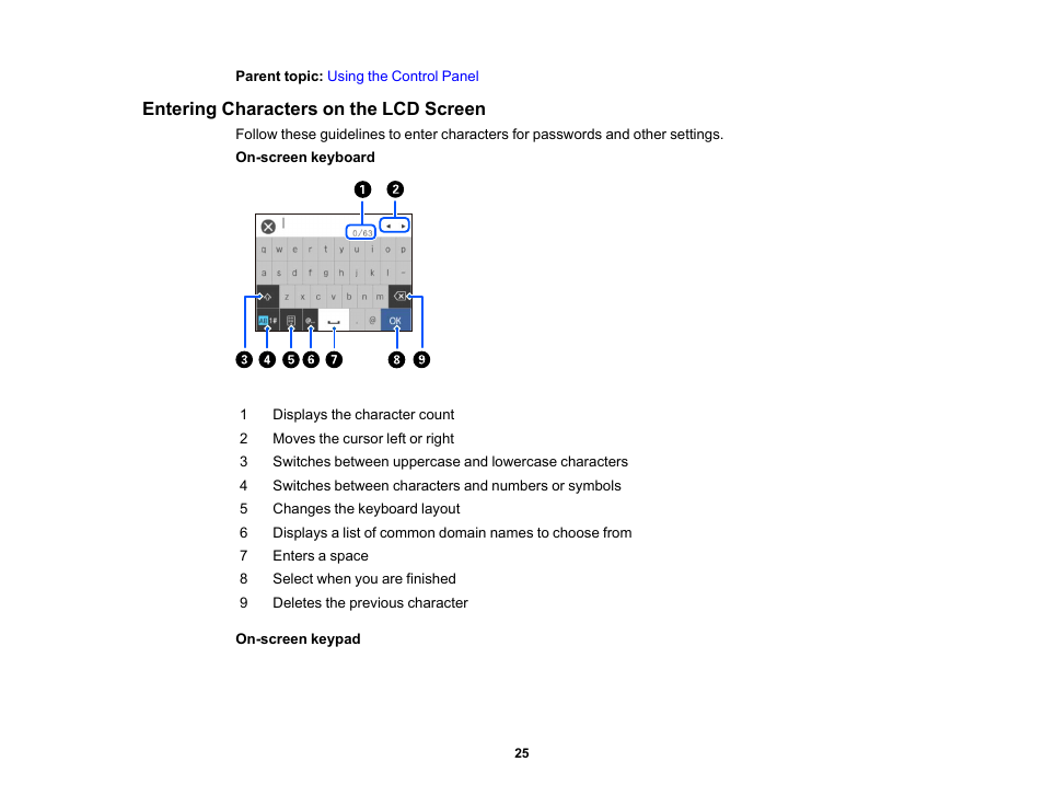 Entering characters on the lcd screen | Epson Expression Photo XP-8700 Wireless All-in One Color Printer User Manual | Page 25 / 350