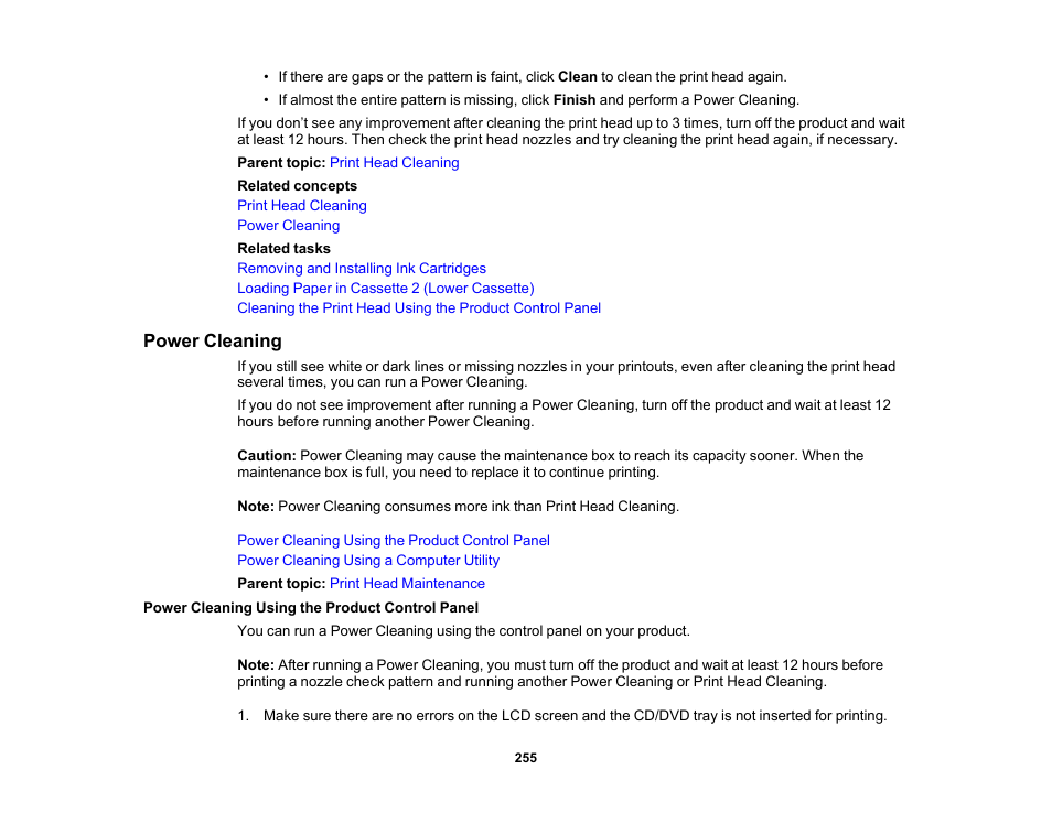 Power cleaning, Power cleaning using the product control panel | Epson Expression Photo XP-8700 Wireless All-in One Color Printer User Manual | Page 255 / 350