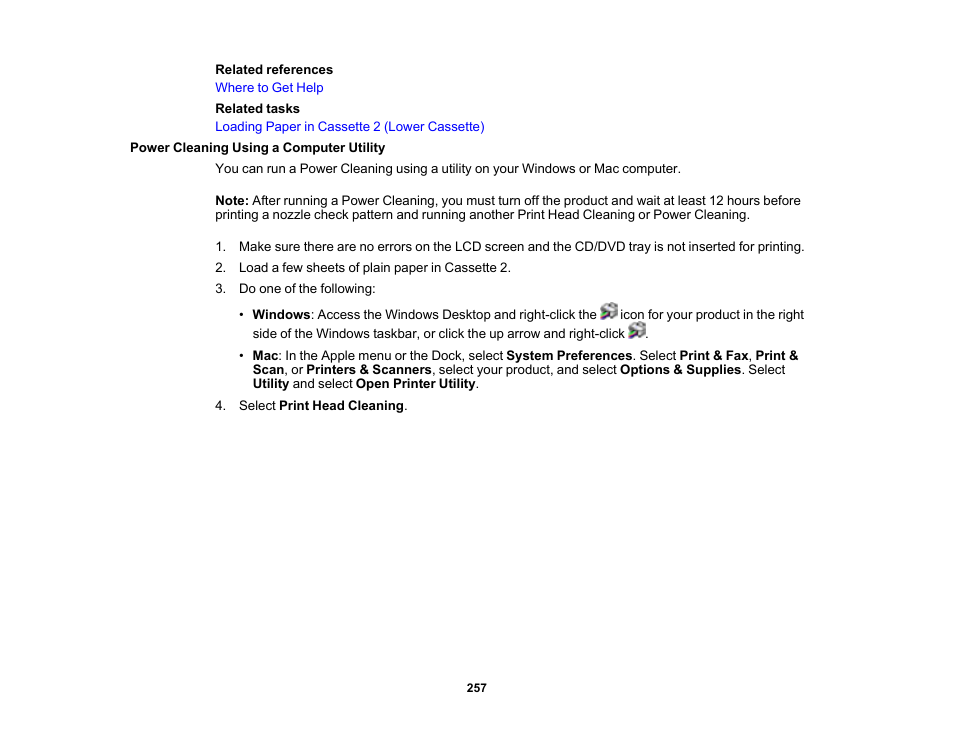 Power cleaning using a computer utility | Epson Expression Photo XP-8700 Wireless All-in One Color Printer User Manual | Page 257 / 350