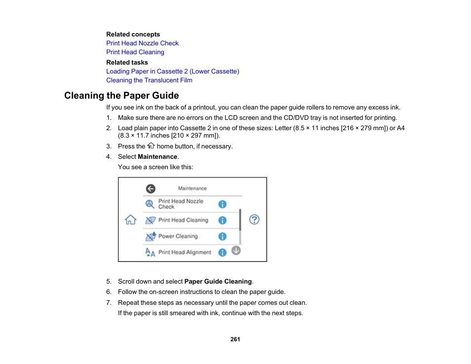 Cleaning the paper guide | Epson Expression Photo XP-8700 Wireless All-in One Color Printer User Manual | Page 261 / 350