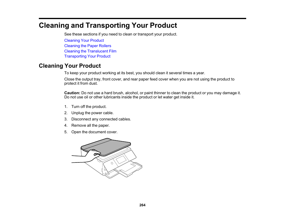 Cleaning and transporting your product, Cleaning your product | Epson Expression Photo XP-8700 Wireless All-in One Color Printer User Manual | Page 264 / 350