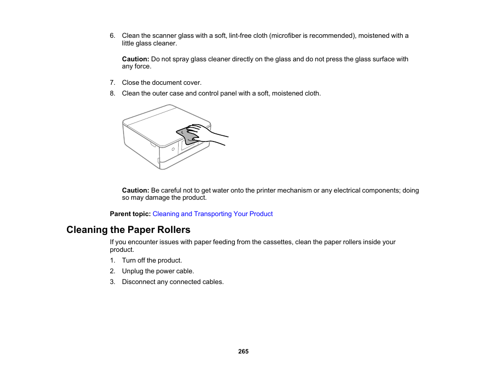 Cleaning the paper rollers | Epson Expression Photo XP-8700 Wireless All-in One Color Printer User Manual | Page 265 / 350