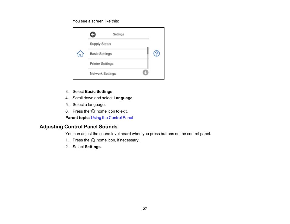 Adjusting control panel sounds | Epson Expression Photo XP-8700 Wireless All-in One Color Printer User Manual | Page 27 / 350