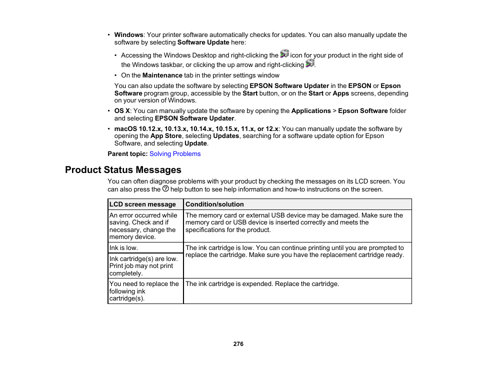 Product status messages | Epson Expression Photo XP-8700 Wireless All-in One Color Printer User Manual | Page 276 / 350